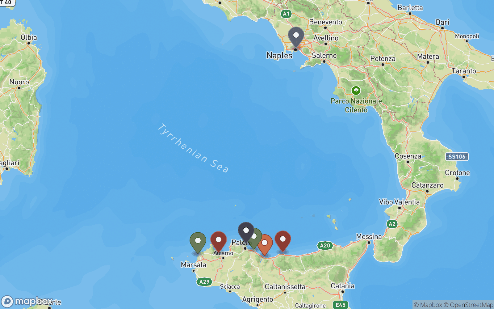 Example deliverable map showing family locations across Sicily and Naples